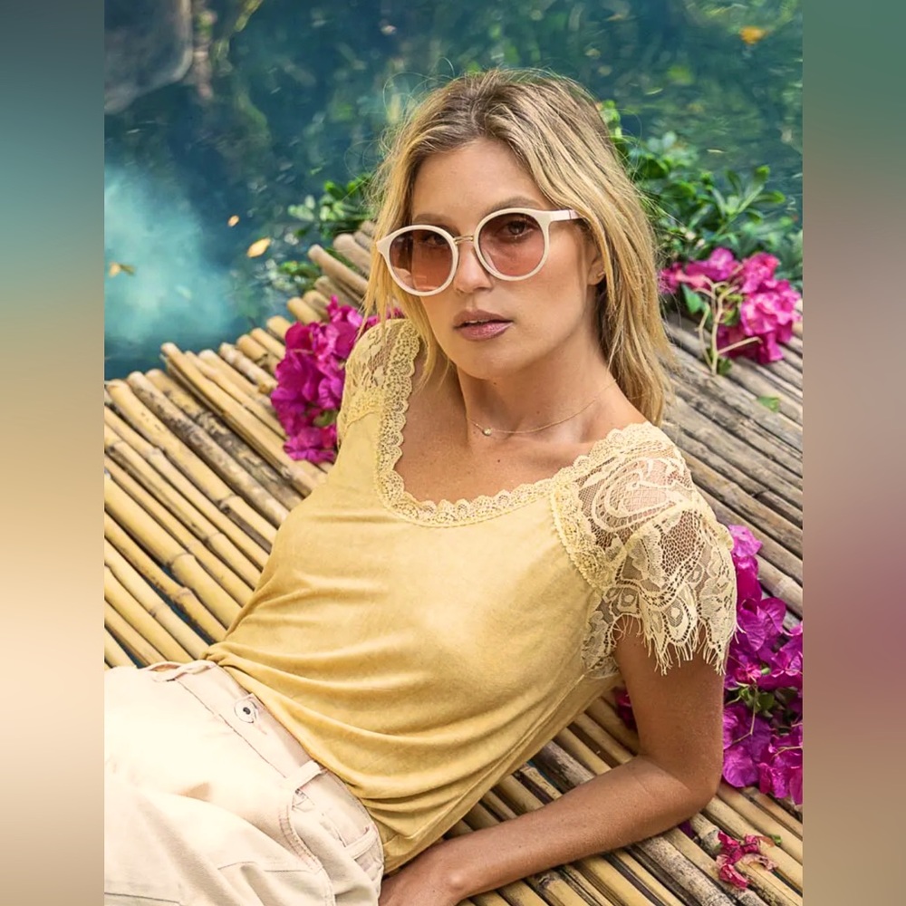 POL Clothing Wide Neck Lace Trim Sleeve Top - Ginko Yellow